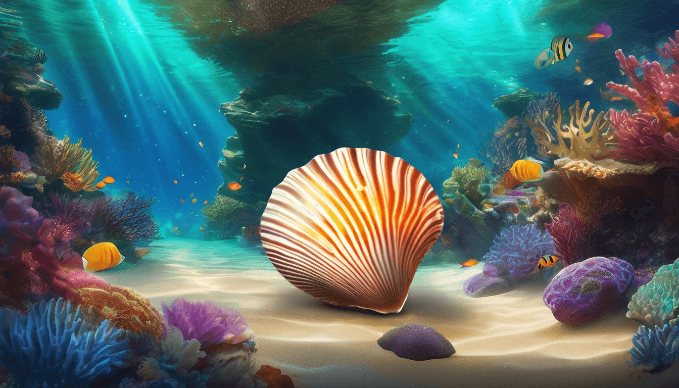 A vibrant underwater scene featuring a large, colorful scallop shell surrounded by various coral and tropical fish, illuminated by rays of sunlight.