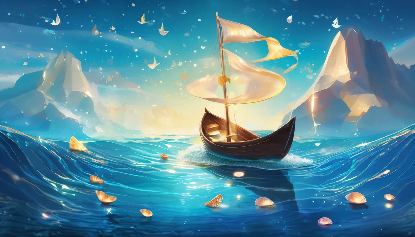 A small wooden boat with a billowing sail glides through vibrant blue waves, surrounded by floating petals and distant mountains under a starry sky.
