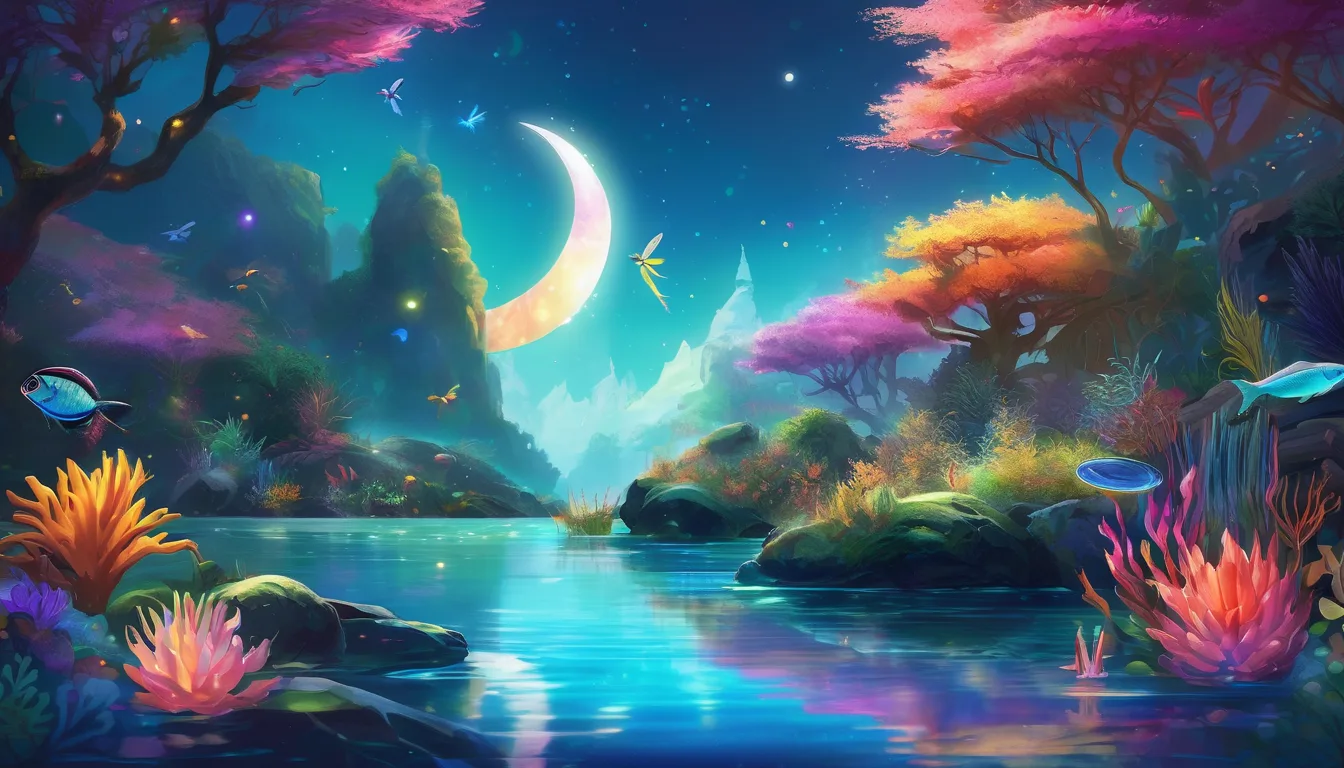 Serene landscape featuring a moonlit lake surrounded by vibrant, colorful trees and aquatic plants, with sparkling stars in a twilight sky.