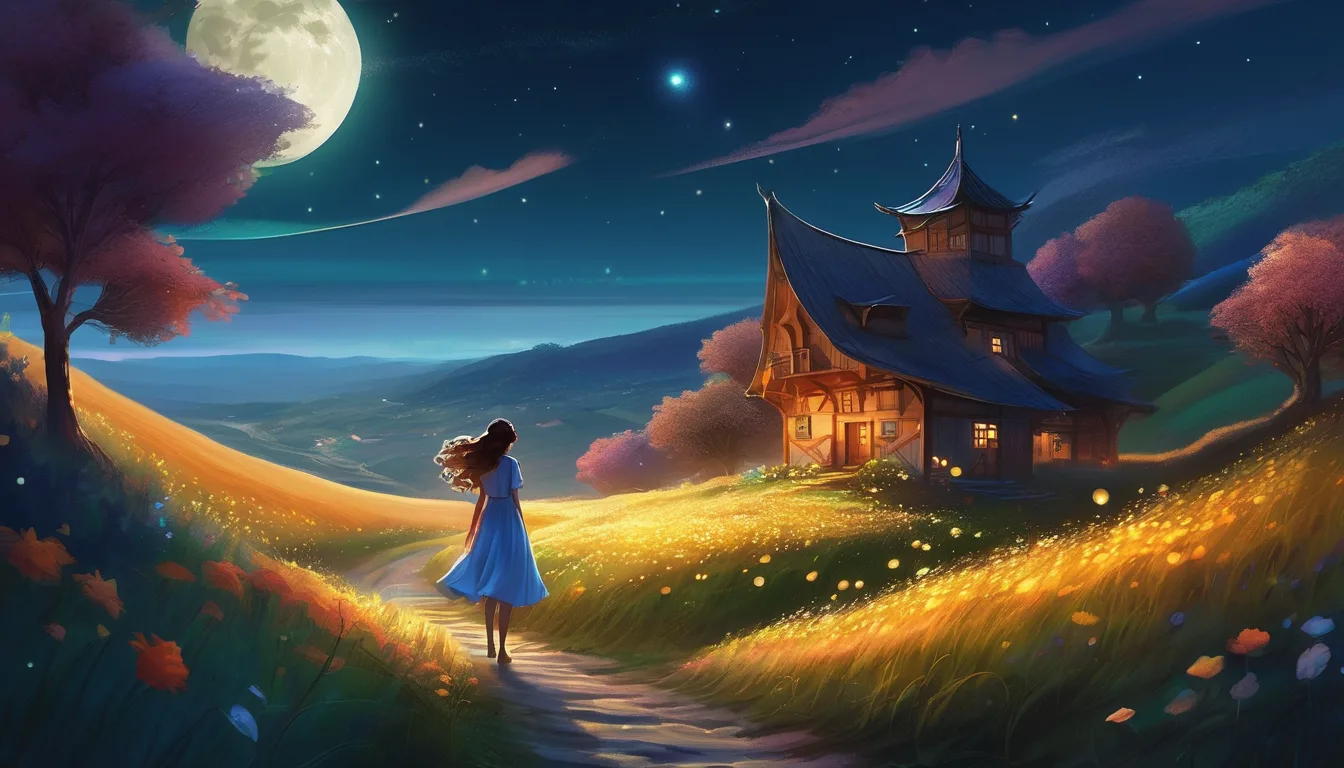A girl in a blue dress walks along a path through a flower-filled meadow, with a moonlit sky and a cozy cottage in the background.