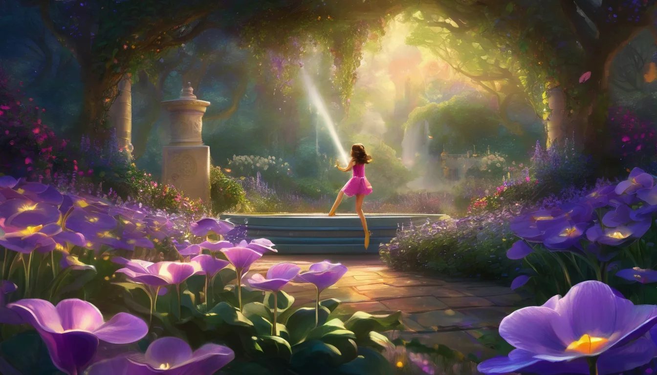 A girl in a pink dress dances joyfully in a vibrant garden filled with colorful flowers, illuminated by soft, magical sunlight filtering through lush trees.