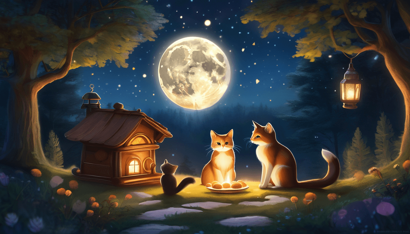 Alt: Cats serve moon cookies to woodland animals at a glowing nighttime bakery under a starry sky.
