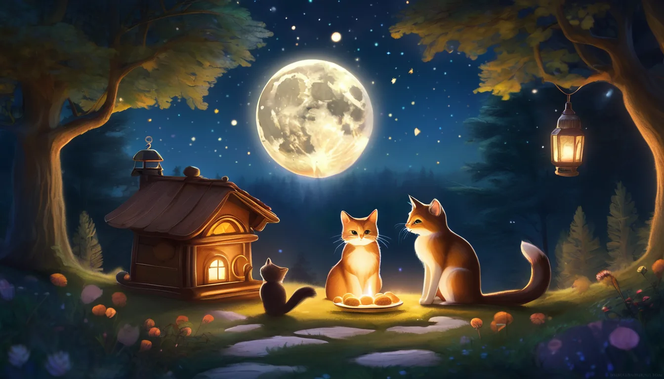 Three foxes gather around a plate of food near a cozy wooden house under a bright full moon, surrounded by lush trees and twinkling stars.