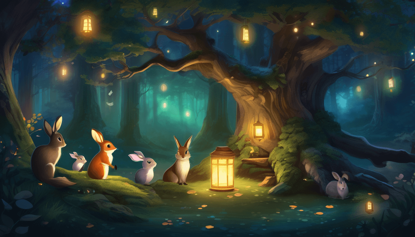 Alt: Animals gathered around a glowing tree in a moonlit forest, listening to a magical lesson.