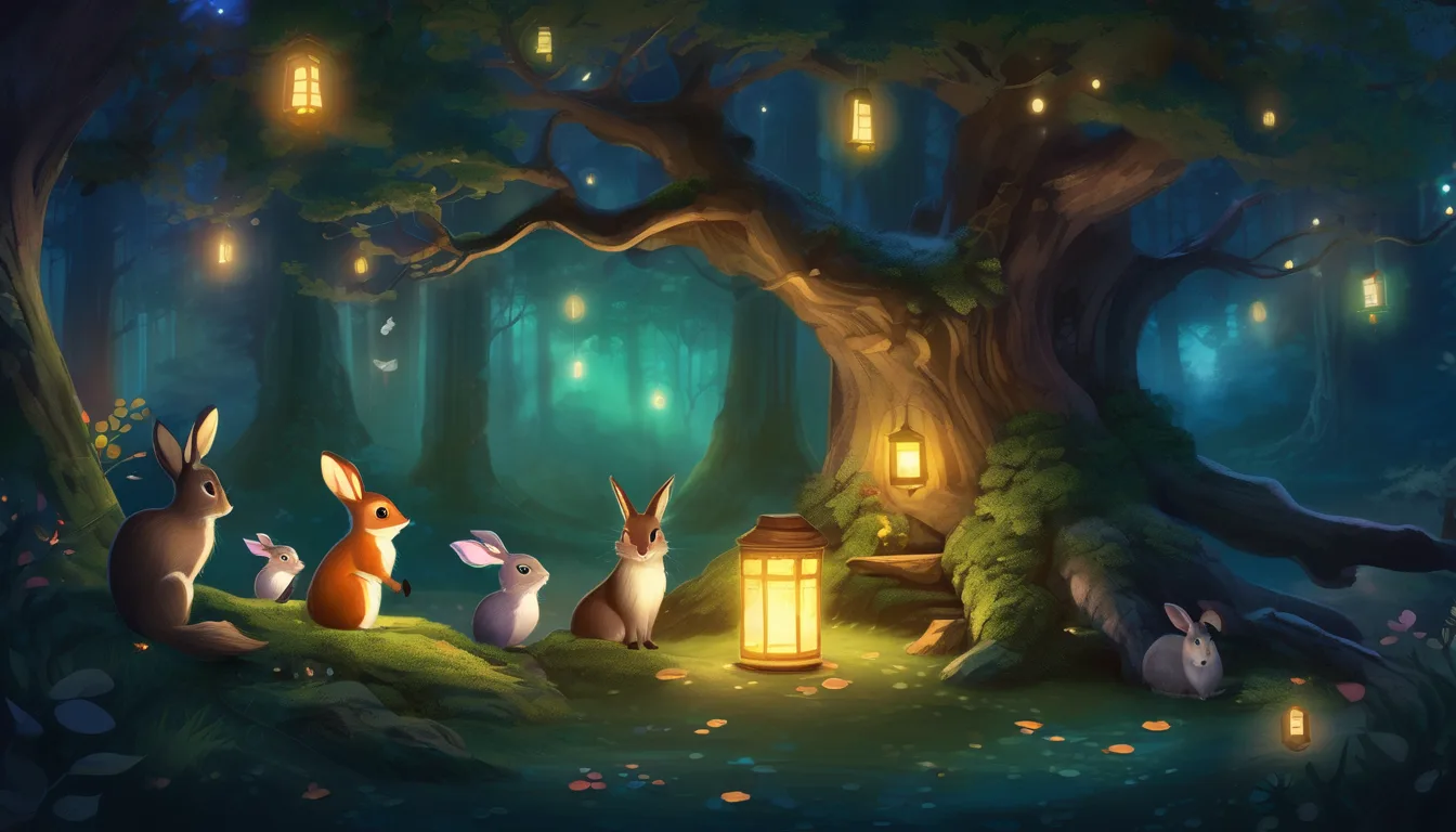 A serene forest scene featuring a large tree surrounded by adorable rabbits, illuminated by glowing lanterns hanging from the branches.
