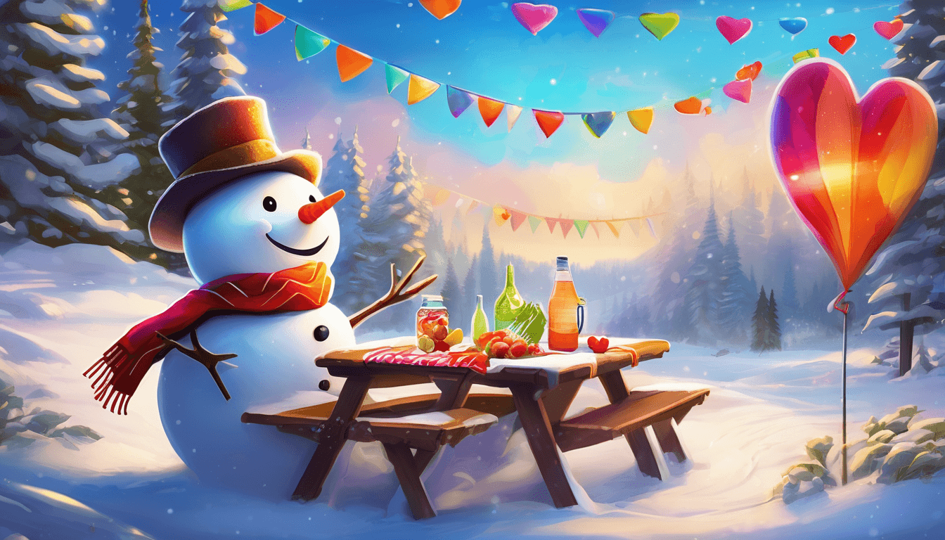 Alt: Smiling snowman in sunhat hosting a picnic in snowy landscape with friends and glowing heart shapes.
