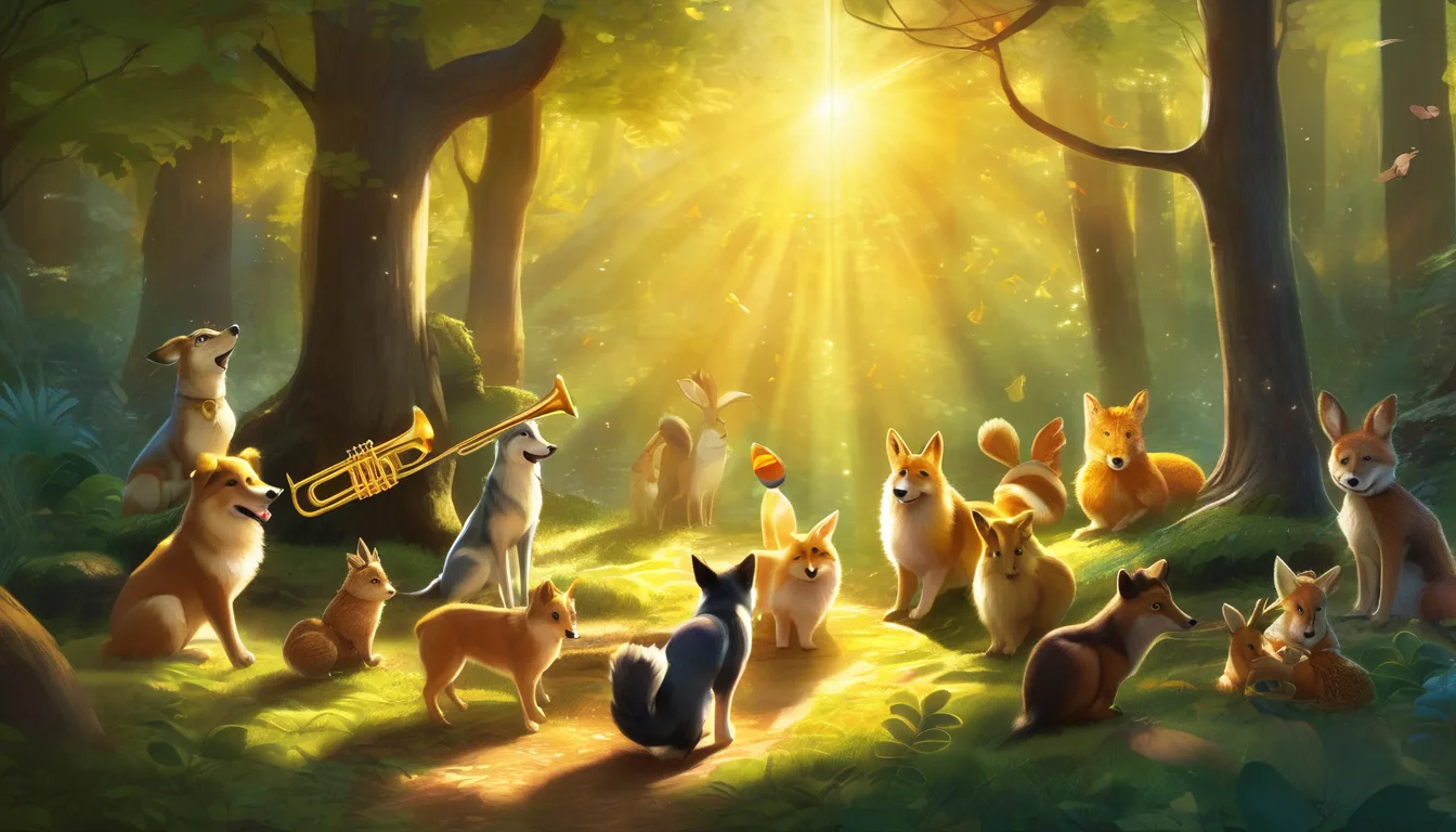 Alt: A dog plays a golden trumpet in a sunlit forest, surrounded by woodland animals with instruments.