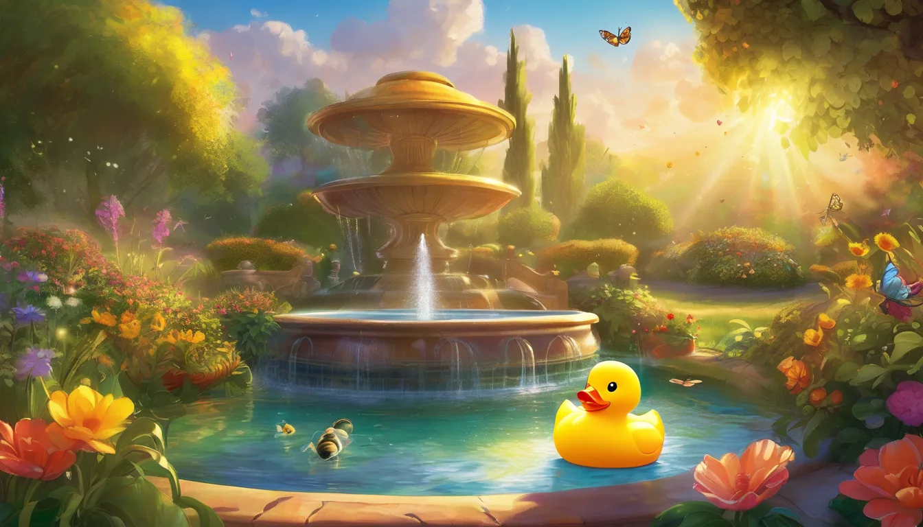 A serene garden scene featuring a bubbling fountain, colorful flowers, and a bright yellow rubber duck floating in the water, under a warm, sunlit sky with butterflies.
