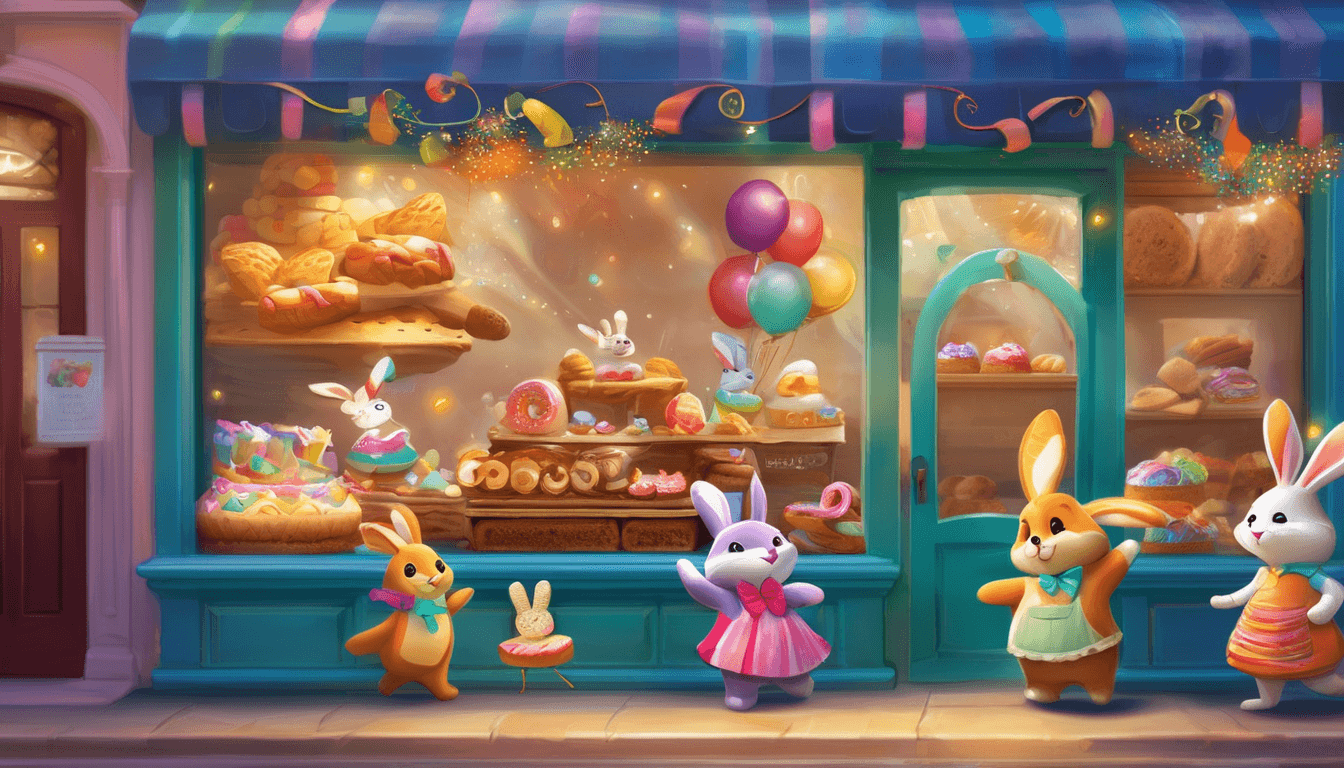 Alt: Animated pastries and treats dancing with a sandwich character in a whimsical bakery window.