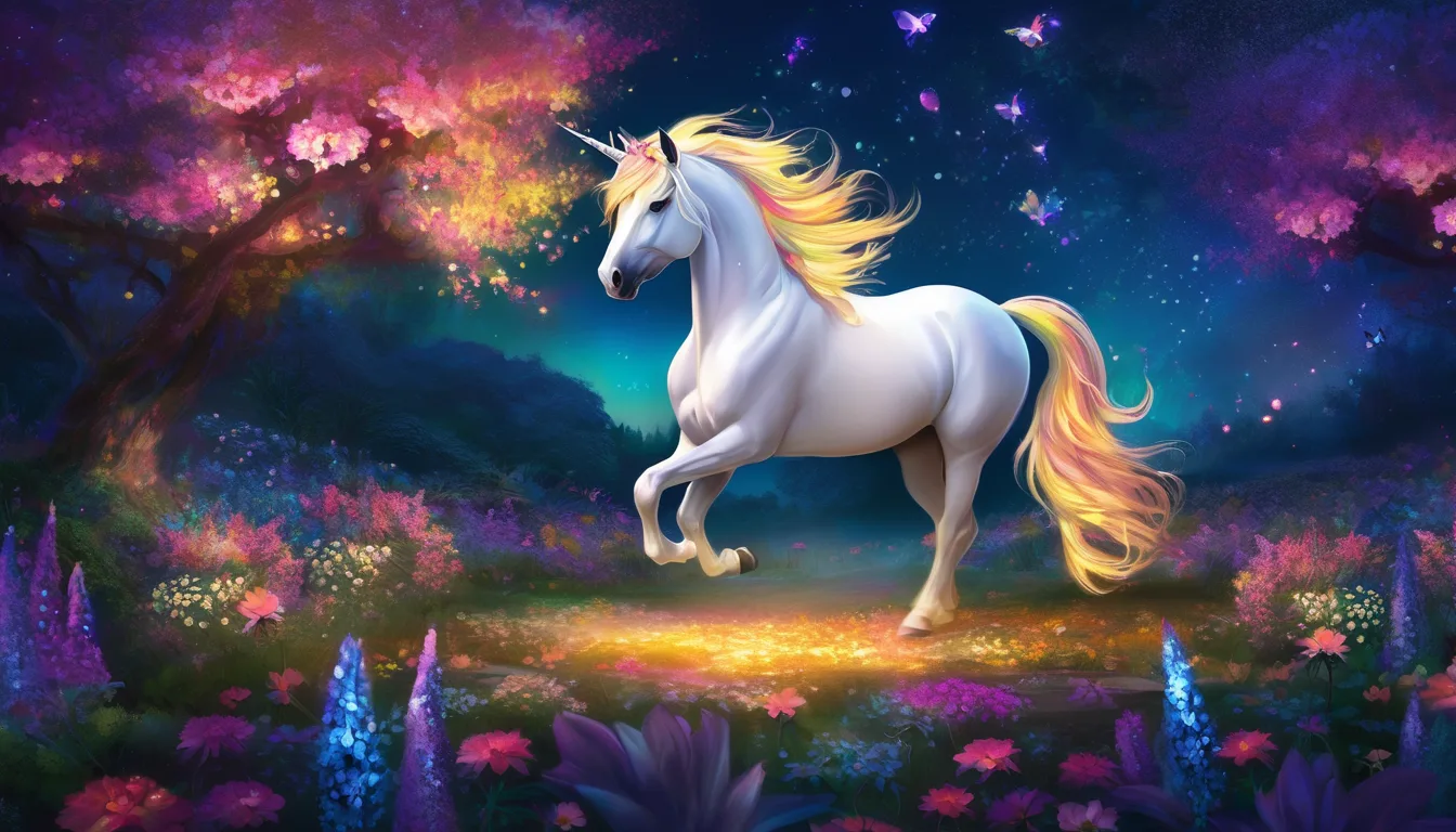 A majestic white unicorn with flowing golden mane trotting through a vibrant, enchanted forest filled with colorful flowers and sparkling light.