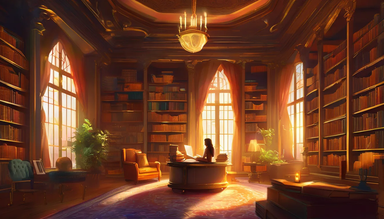 A cozy library with tall windows, soft lighting, and a person sitting at a desk surrounded by books and plants.