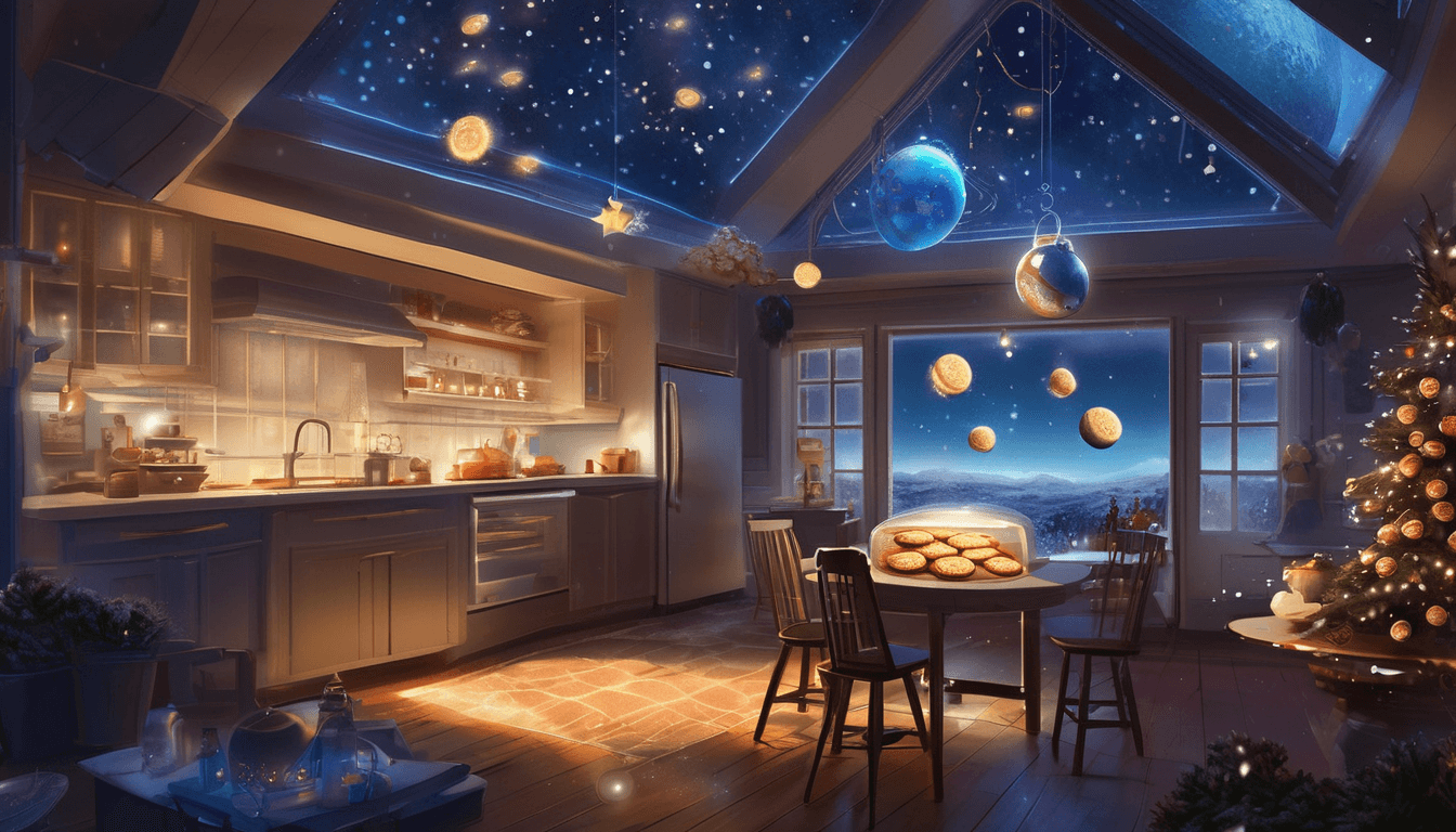A cozy kitchen adorned with starry decorations, featuring a table with a platter of cookies and a vibrant Christmas tree, all under a celestial sky filled with planets and stars.