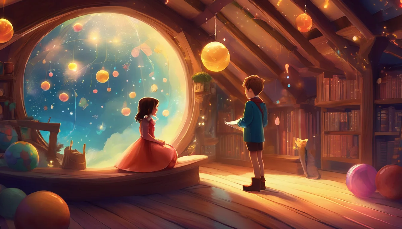 Two children follow a shimmering stardust trail to a glowing globe in a magical attic.