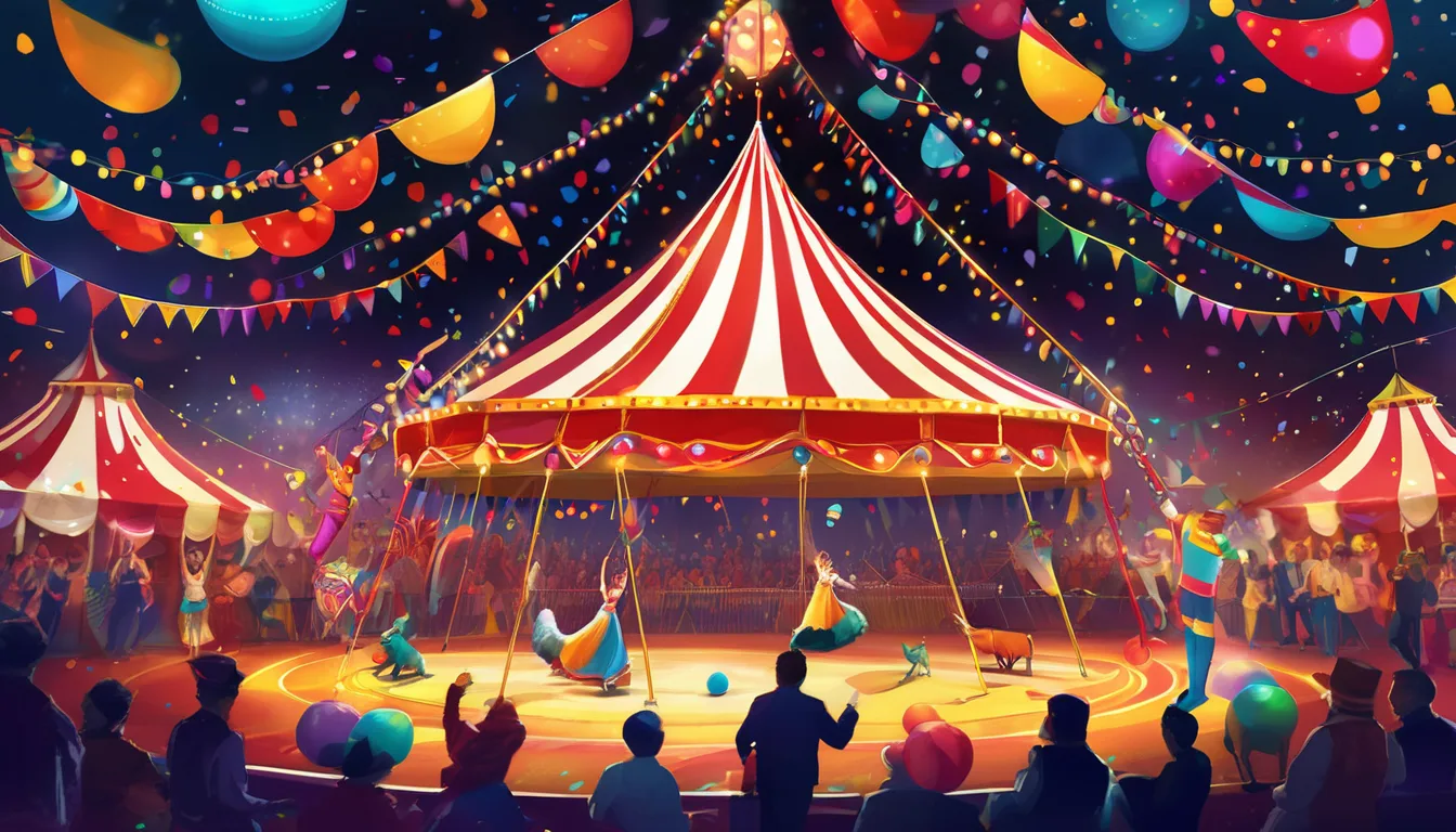 Two colorful socks juggle balls in a lively circus ring with animals and decorations.