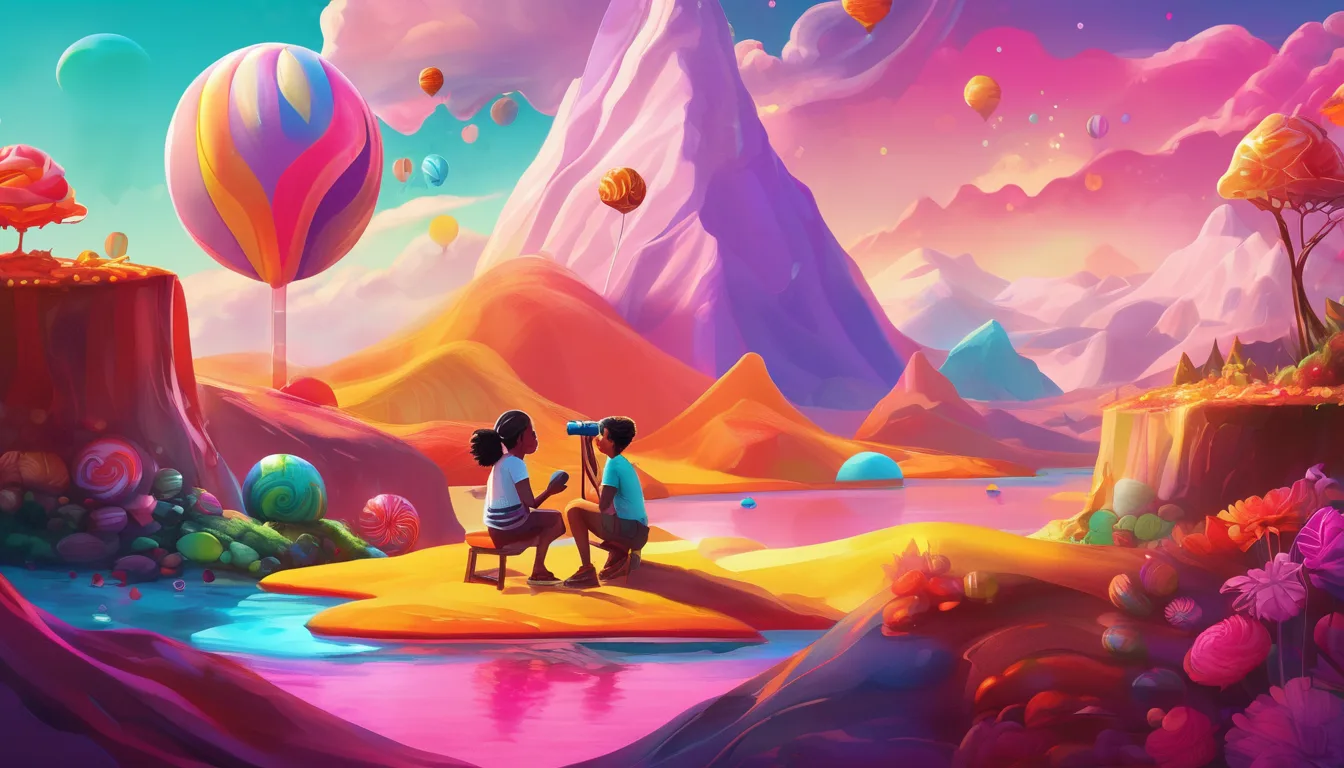 Two friends using a homemade telescope, gazing at a colorful, candy-filled fantasy world.