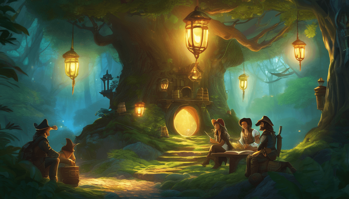 Four friends in a magical forest examine a glowing map near a hidden treehouse.