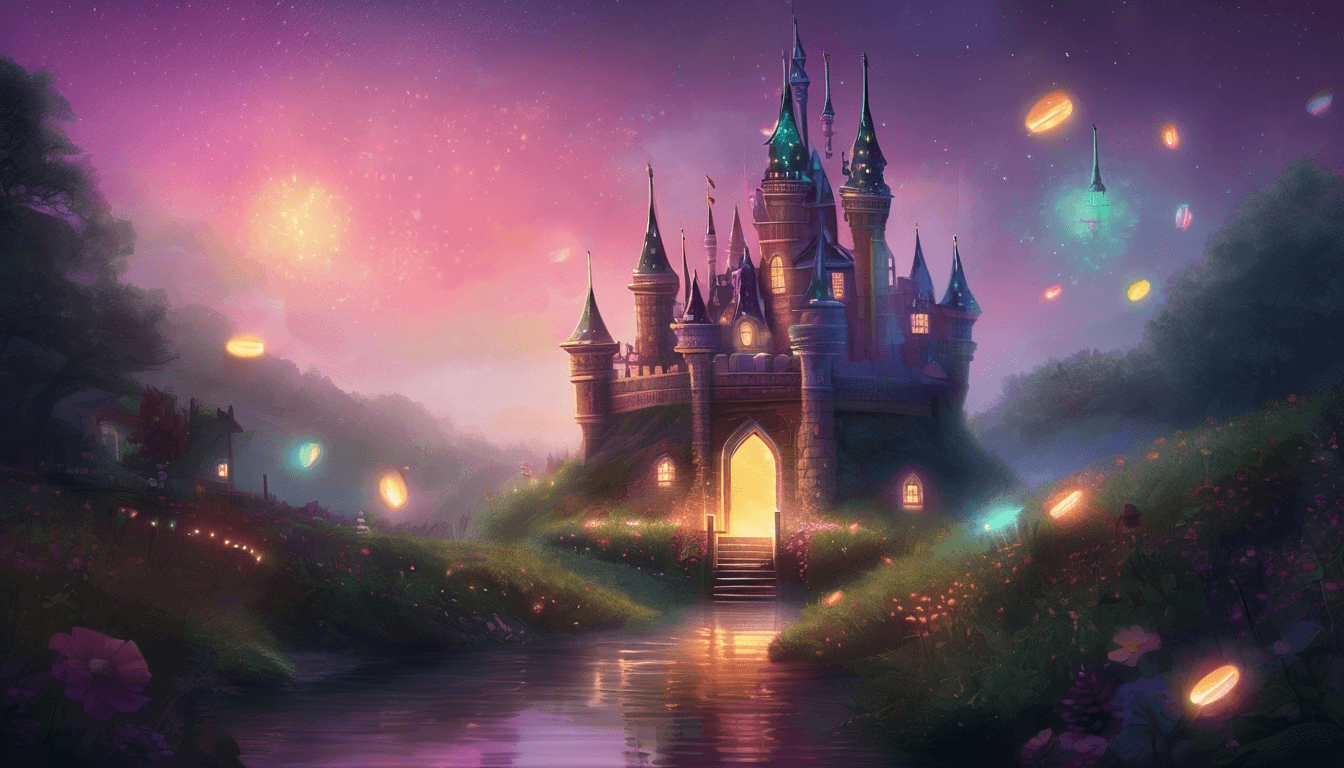 Alt: Glowing candy castle with peppermint towers, chocolate drawbridge, and fireflies in a misty clearing.