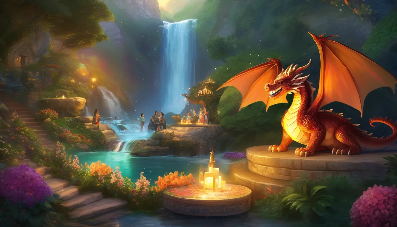 A vibrant fantasy scene featuring a majestic orange dragon beside a tranquil waterfall, surrounded by lush greenery and flowers, with figures engaging in activities nearby.