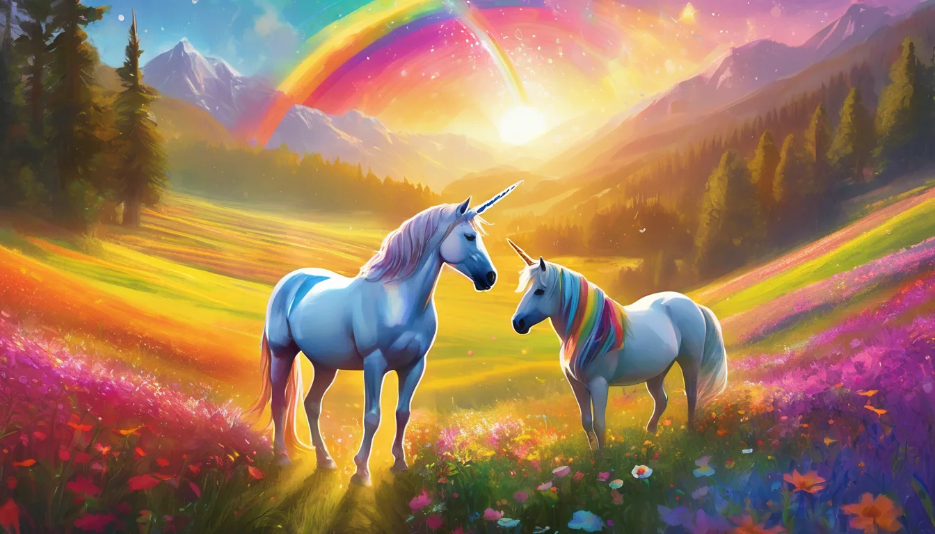 A unicorn paints a rainbow in a flower-filled meadow as two friends watch.
