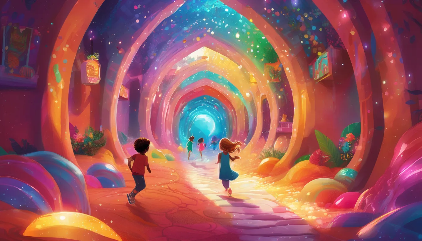 Four friends crawl through a glowing crystal tunnel into a colorful, whimsical playground.