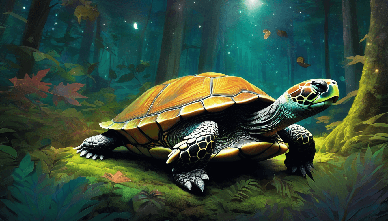 A glowing-shelled turtle in a moonlit forest, animals gathered around.