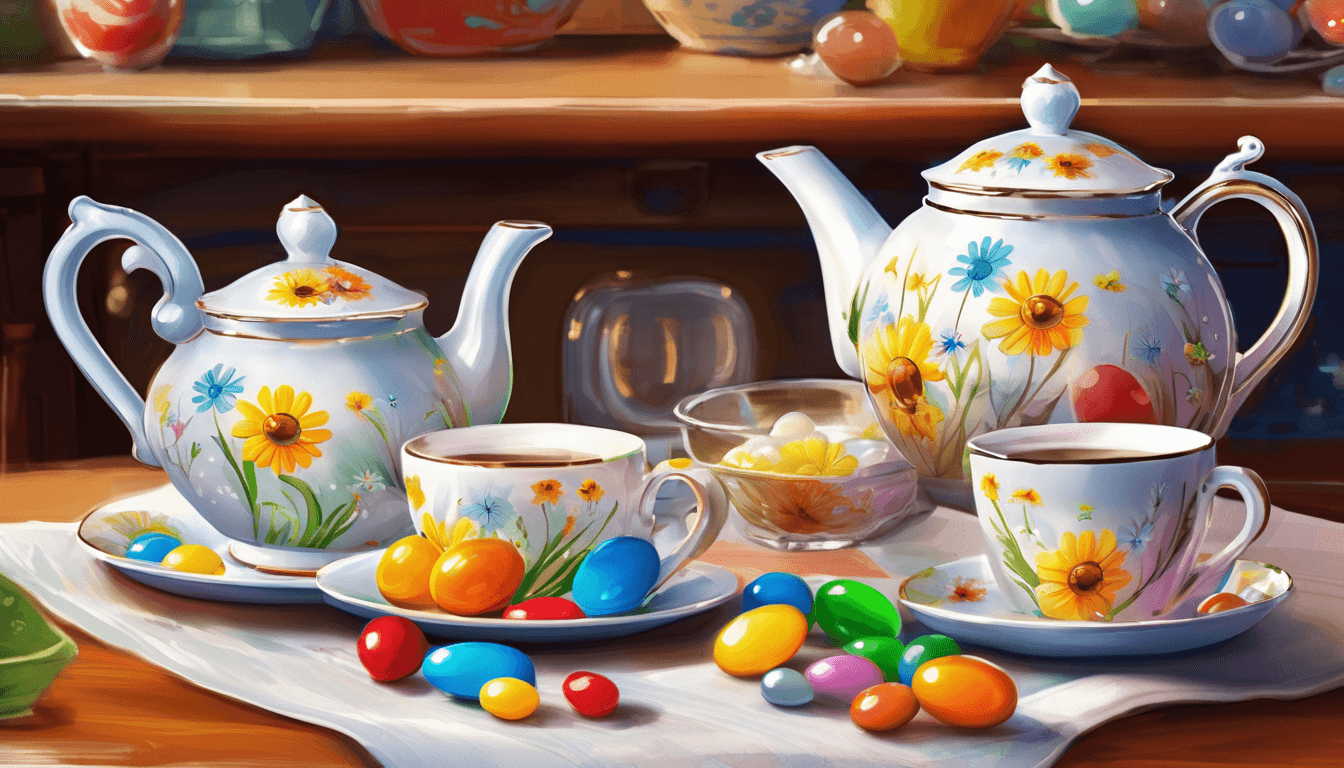 A beautifully arranged tea set featuring floral designs, with two cups, a teapot, a sugar bowl, and colorful candies scattered on a white tablecloth.