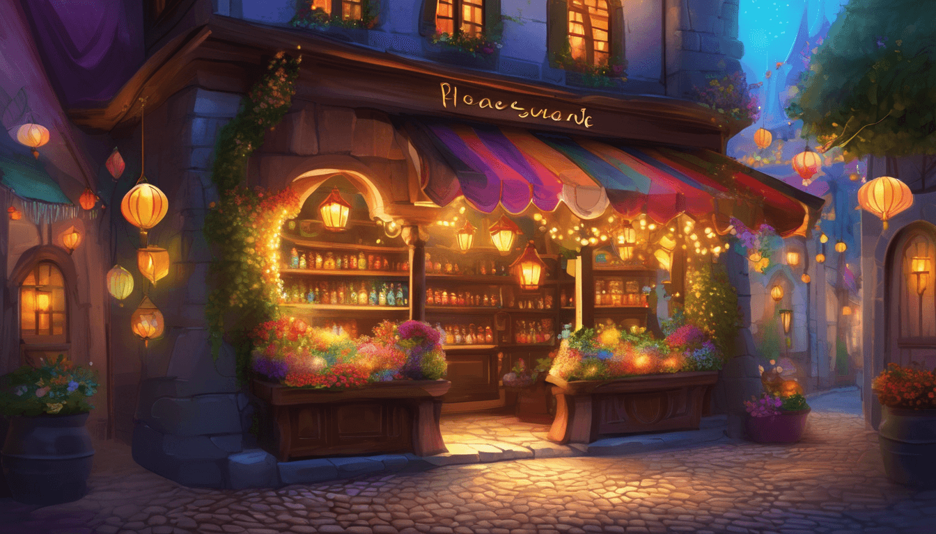 Alt: Magical shop with floating hat, glowing potions, and flowers on a cobblestone street.