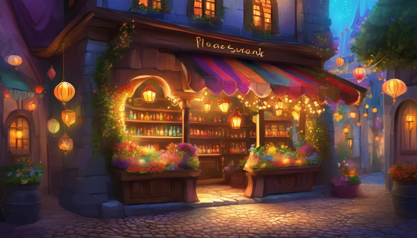 A charming flower shop illuminated by colorful lanterns, adorned with vibrant blooms, set in a quaint cobblestone street at twilight.