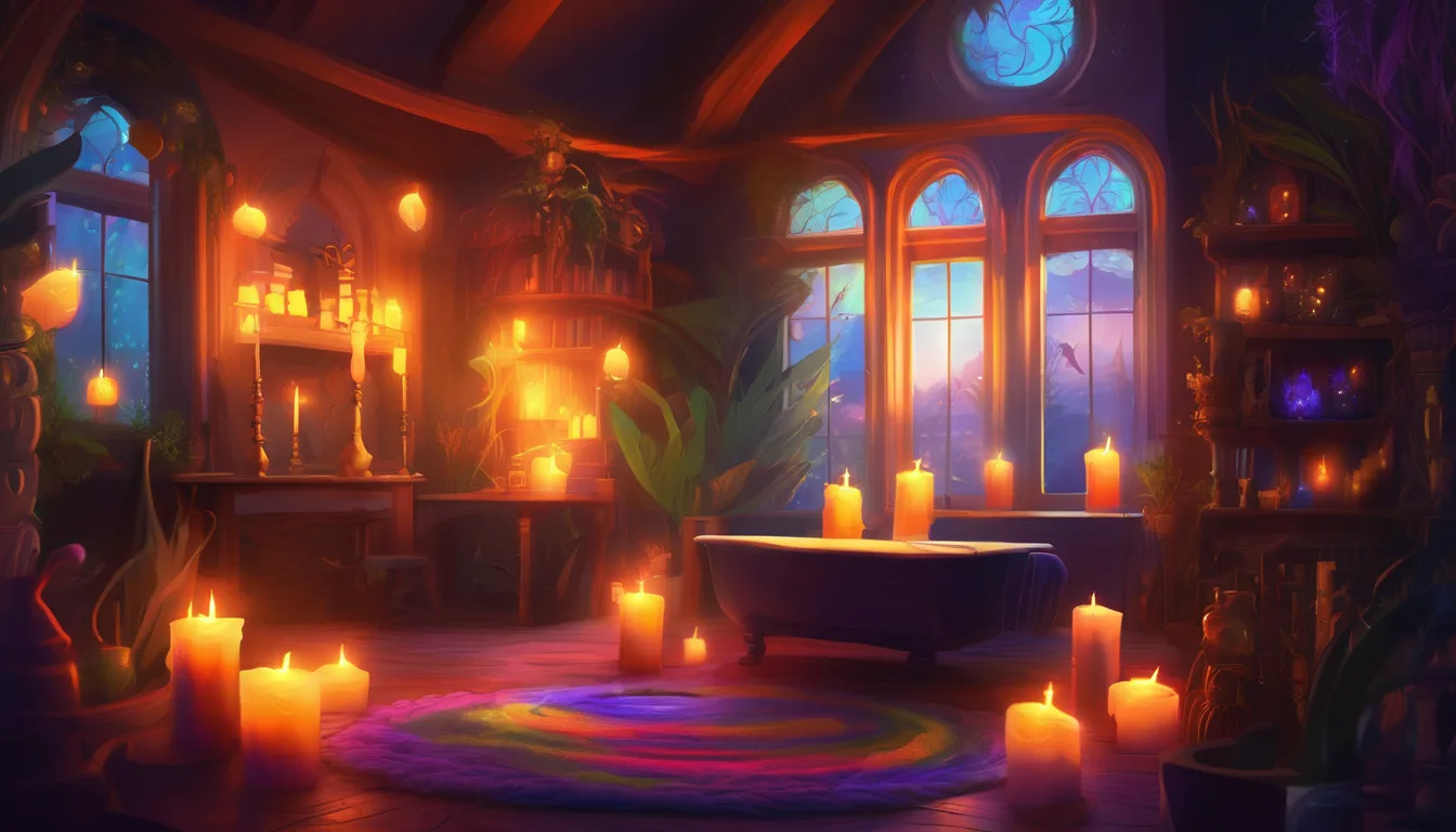 Cozy interior of a beautifully lit room with large windows, soft candlelight, colorful rugs, and plants, creating a warm, serene atmosphere at sunset.