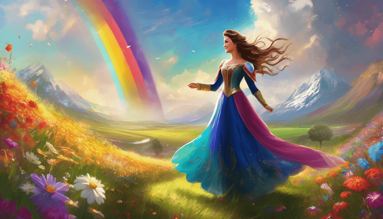 A joyful royal in a meadow magically creates blooming rainbow flowers as onlookers watch.