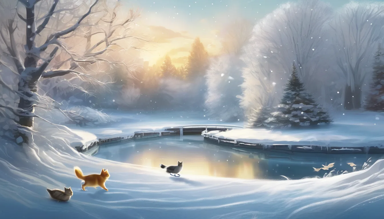 Kitten in silver skates gliding on a snowy pond with ducklings and animal friends.