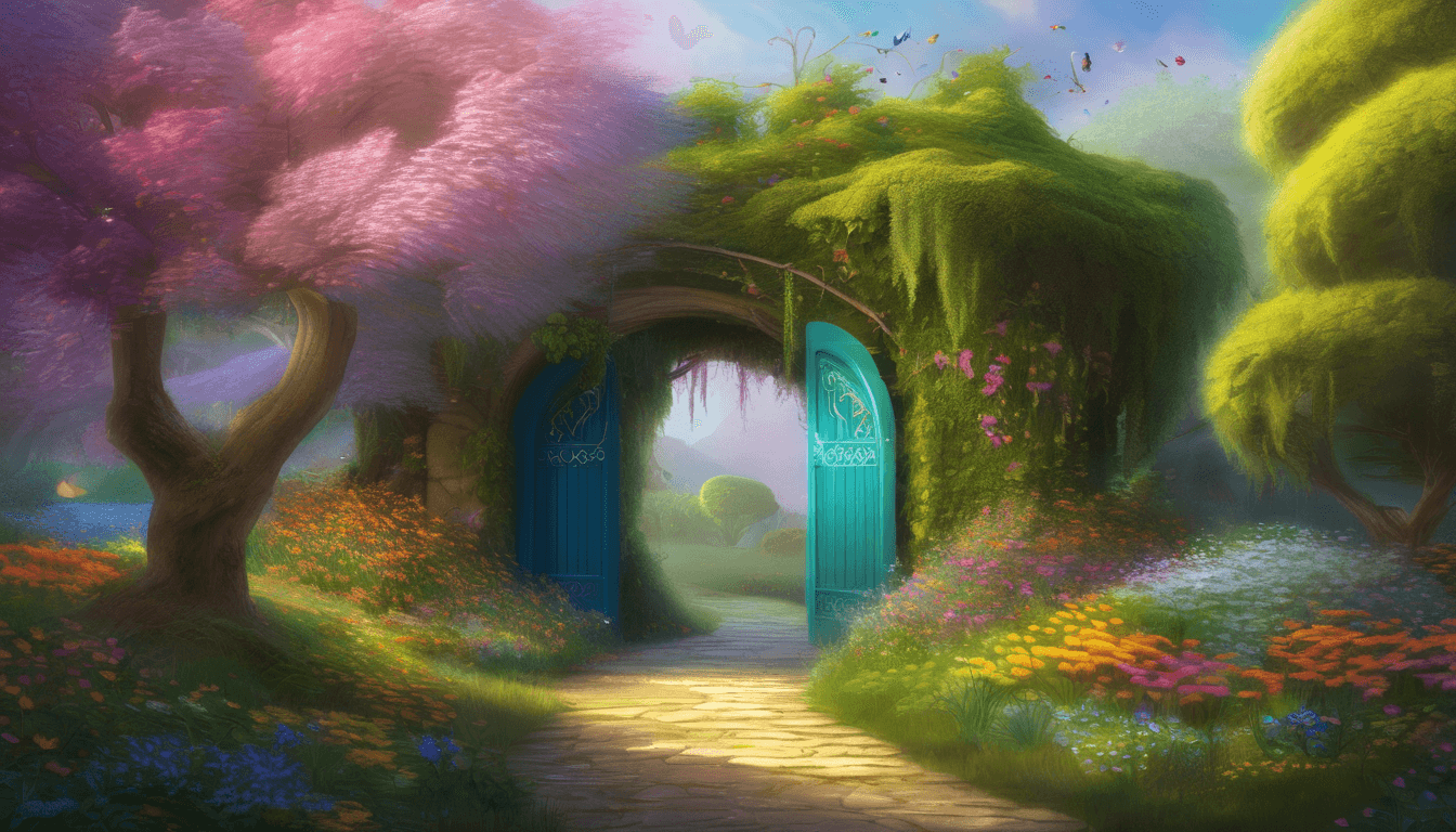 Alt: Ornate door under a willow tree opening to a magical world with rainbow bridges and singing flowers.