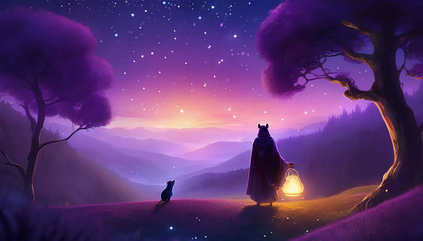A silhouetted figure and a small animal stand on a hill, gazing at a starry sky over a colorful, twilight landscape.