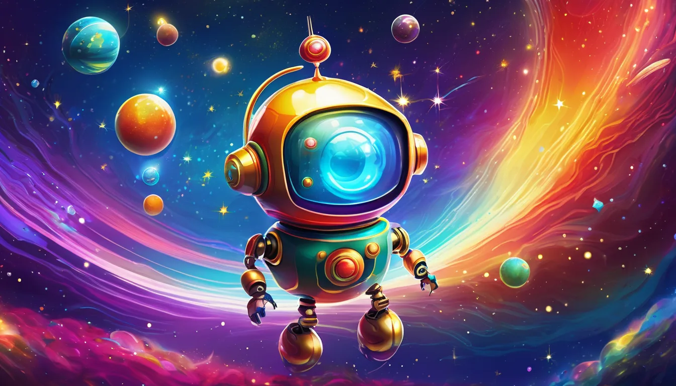A colorful robot floating in a vibrant, cosmic background with swirling galaxies and planets.