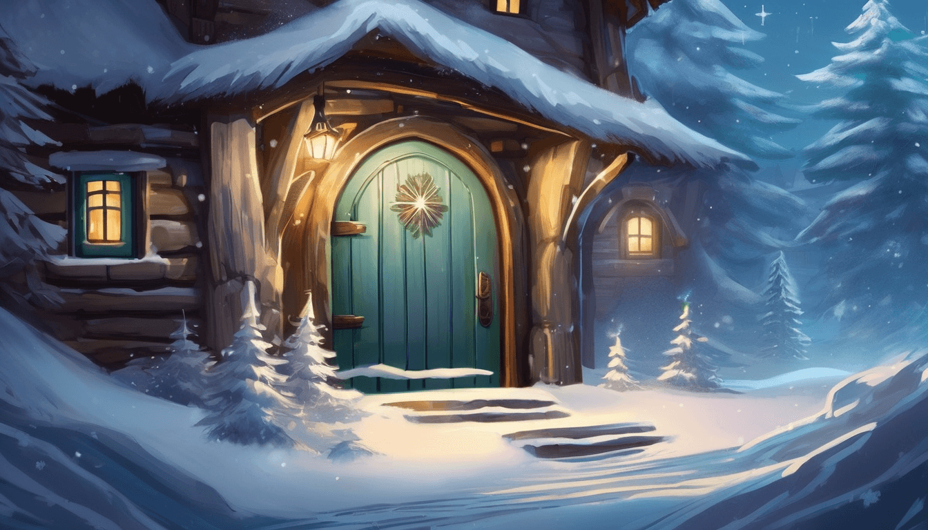 A cozy log cabin with a blue door, surrounded by snow-covered trees and a softly lit winter landscape.