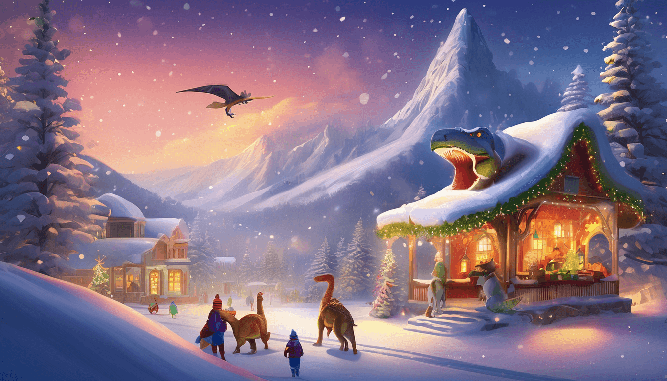A whimsical winter scene featuring a cozy cabin adorned with Christmas lights, surrounded by snow-covered mountains and forest, with friendly dinosaurs and a flying creature in the sky.