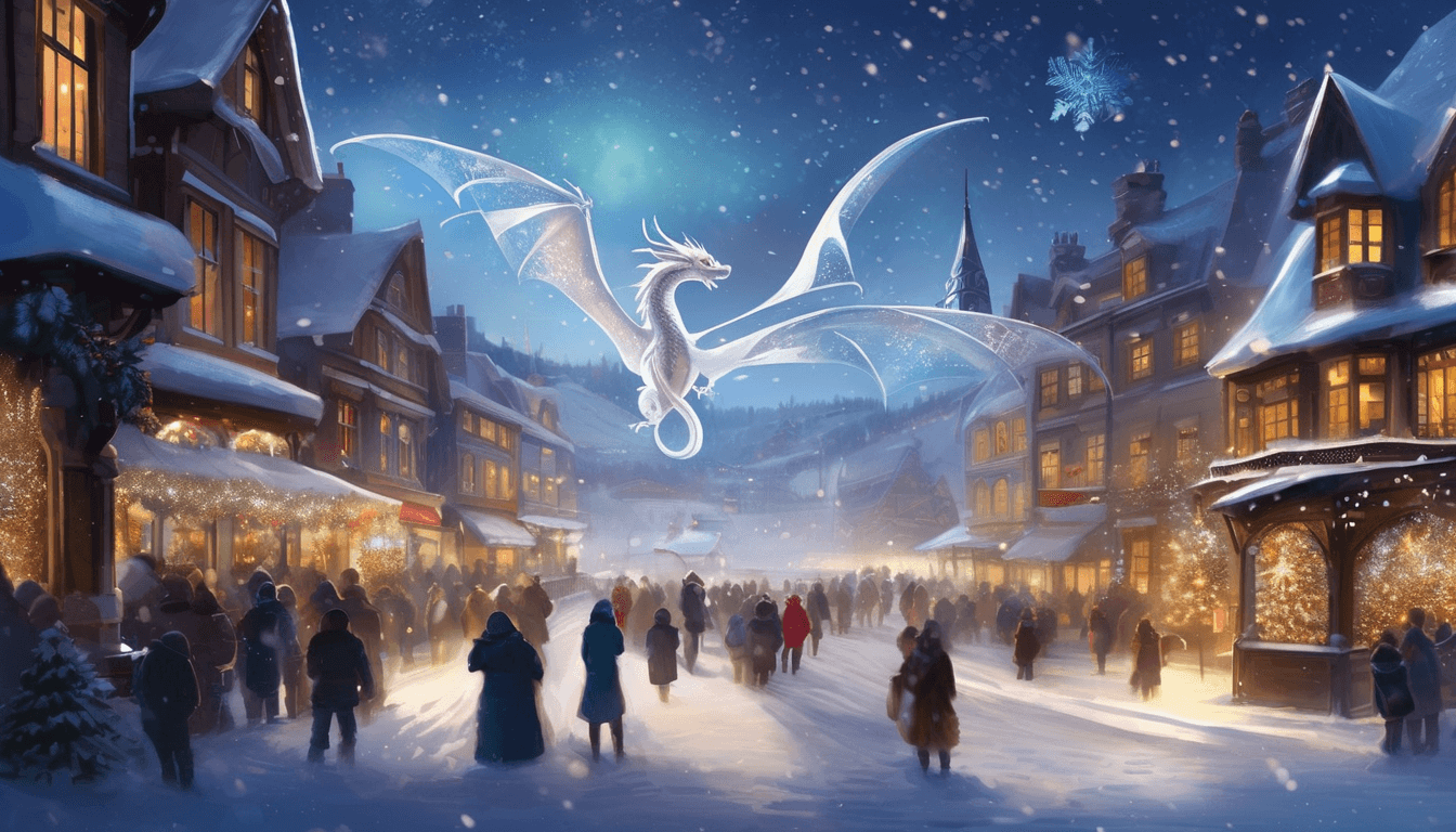 A snowy village scene illuminated by festive lights, featuring a majestic dragon soaring above the bustling market filled with people.