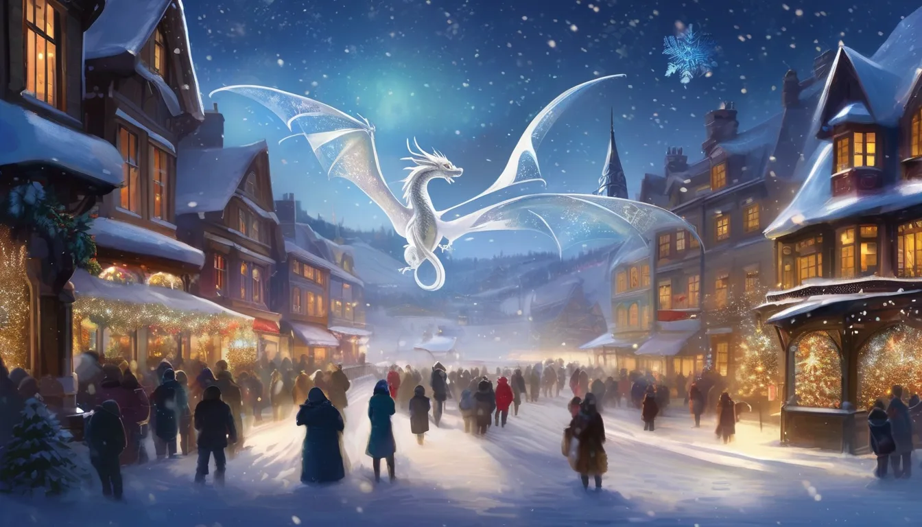 A snowy village scene illuminated by festive lights, featuring a majestic dragon soaring above the bustling market filled with people.