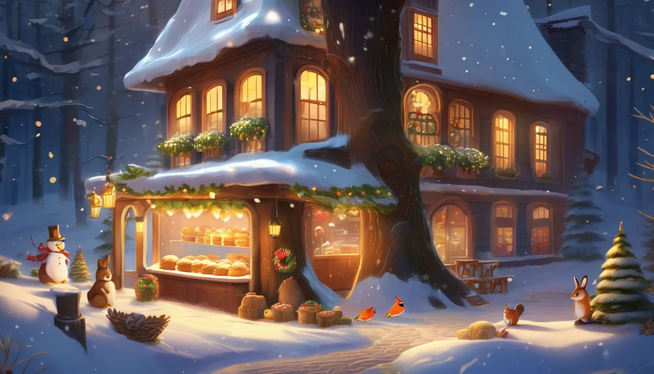 A cozy cottage in a snowy forest, adorned with festive decorations, with a lighted window and a display of baked goods outside, surrounded by snow-covered trees and playful animals.