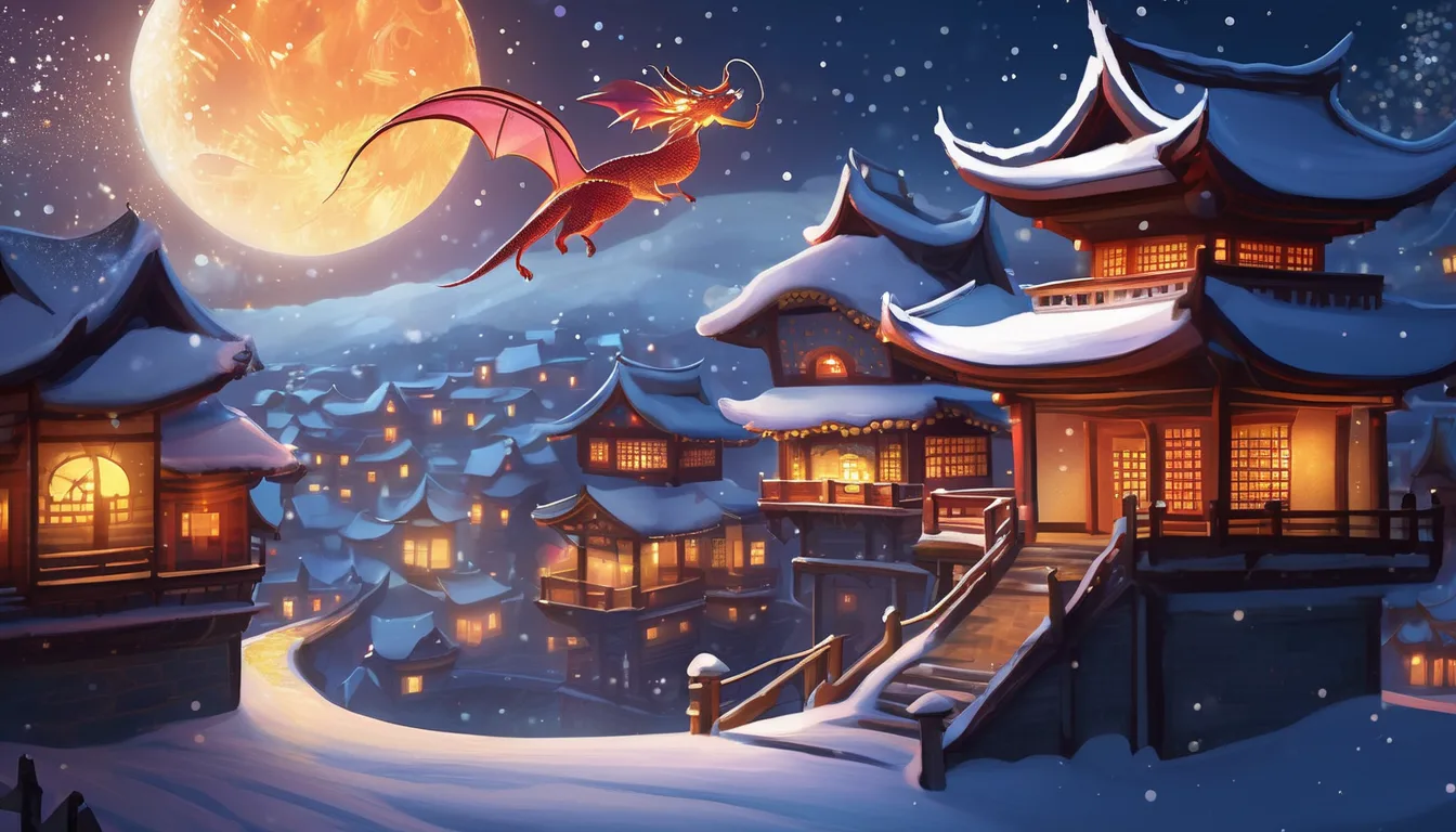 A vibrant, snowy night scene featuring traditional Asian-style buildings under a full moon, with a colorful dragon soaring above.