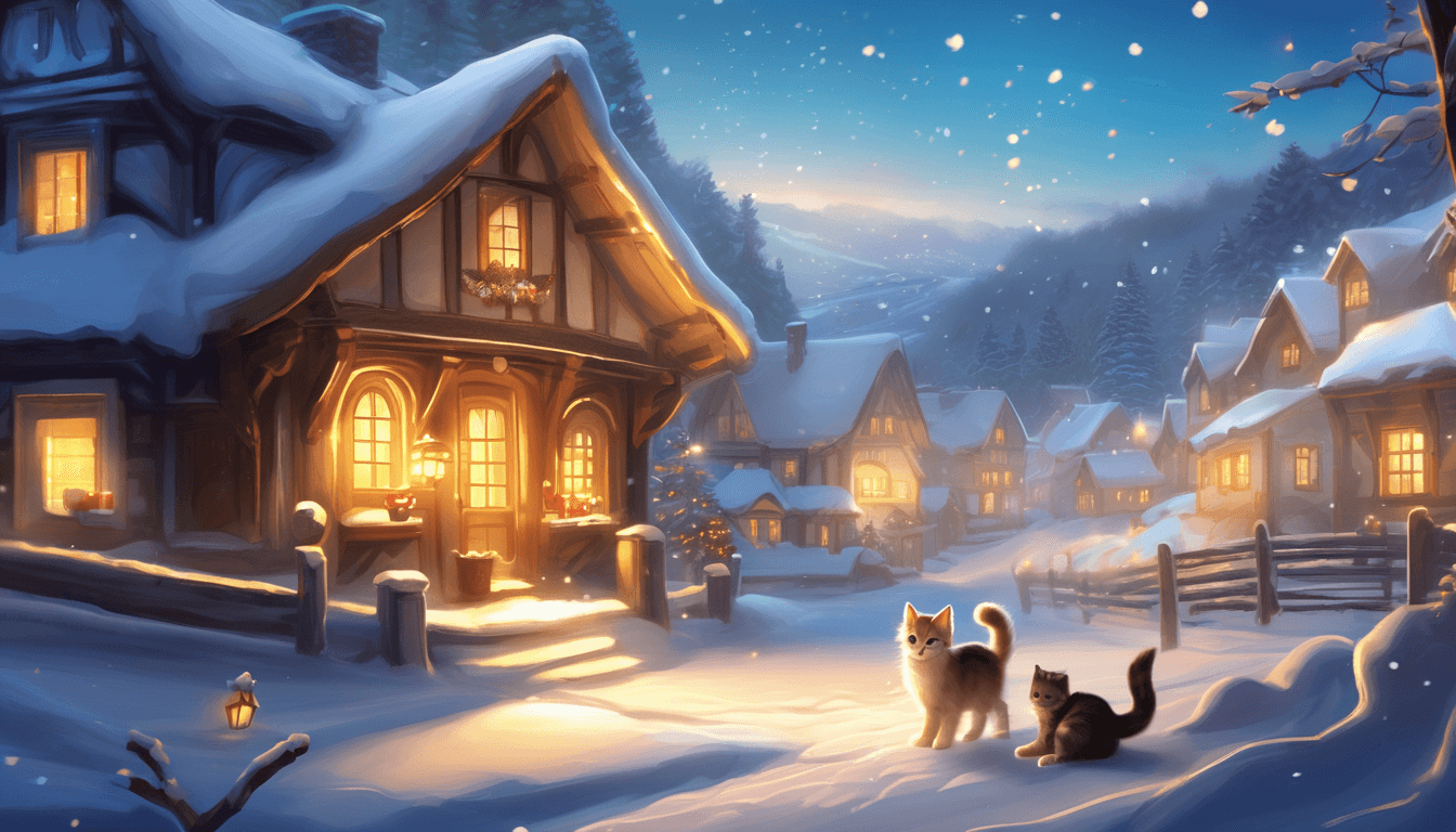 A cozy winter village scene at dusk, featuring snow-covered cottages with warm lights glowing from the windows, and two playful cats exploring the snowy path.