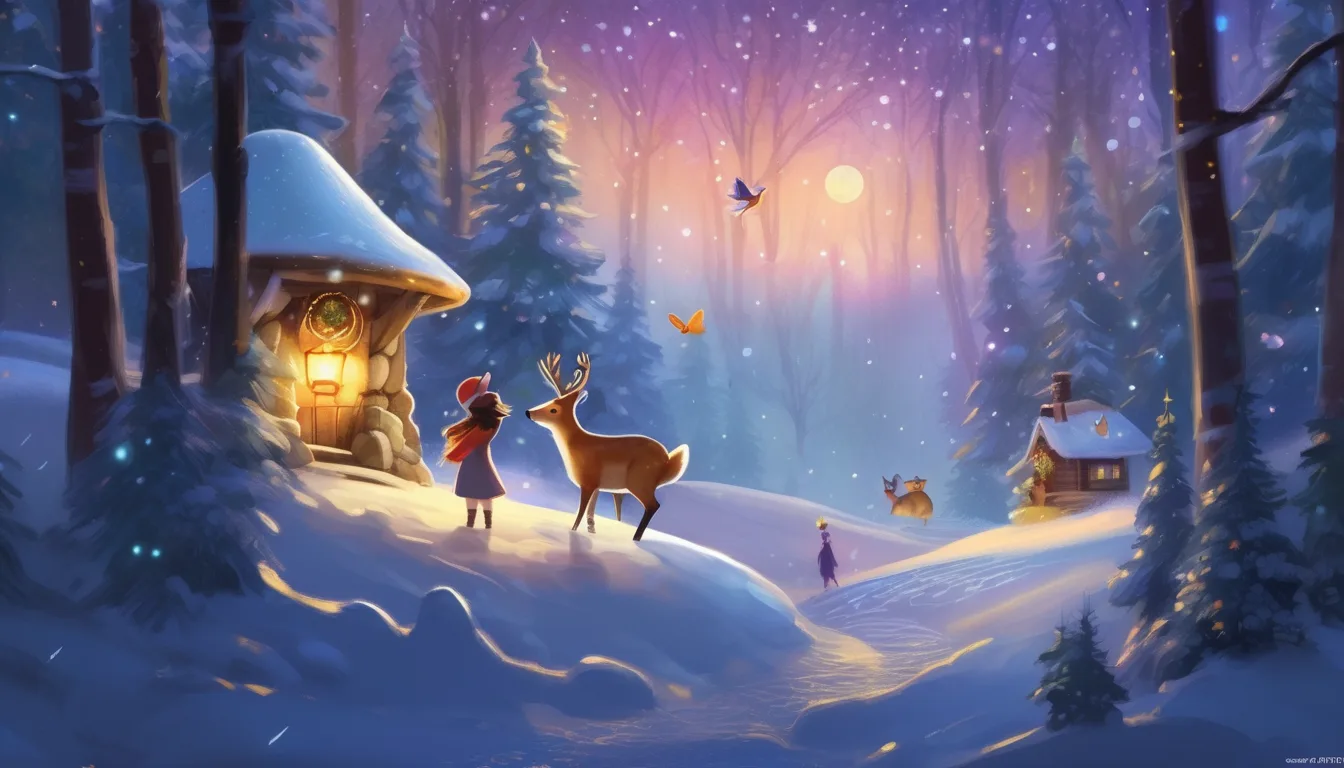 A serene winter scene featuring a girl in a red cloak interacting with a deer, surrounded by snow-covered trees and quaint cottages under a pastel sunset.