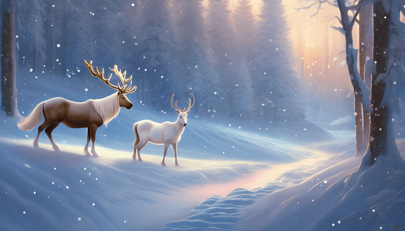 Two reindeer stand peacefully in a snowy forest, surrounded by tall trees and softly falling snowflakes, with a gentle morning light illuminating the scene.