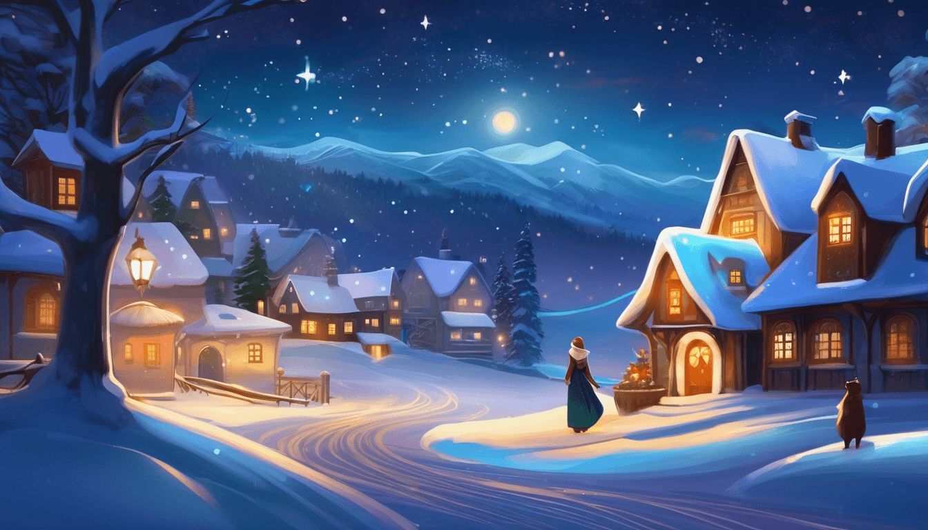 A snowy village scene at night, with cozy cottages, twinkling stars, and a serene mountain backdrop.