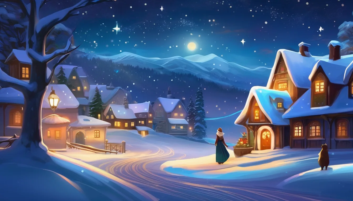 A snowy village scene at night, with cozy cottages, twinkling stars, and a serene mountain backdrop.