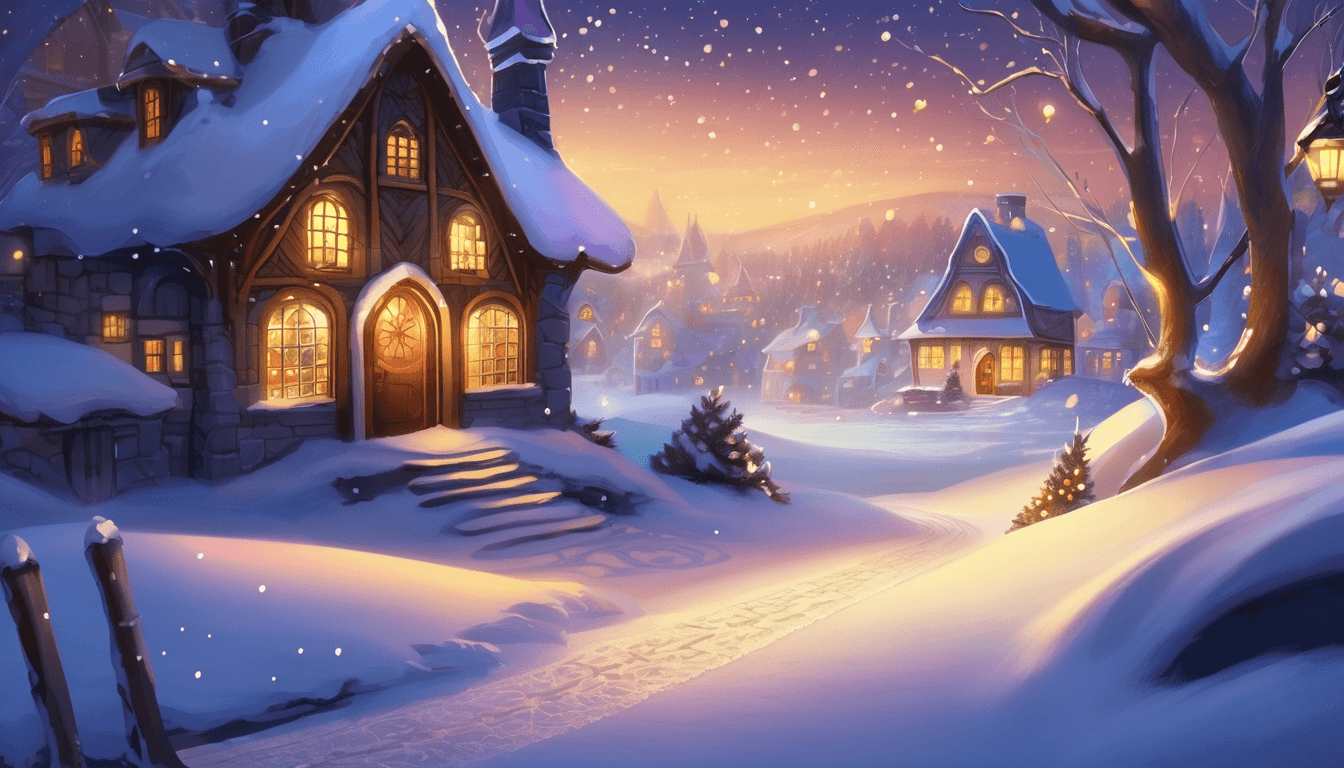 A charming winter scene with cozy cottages illuminated by warm lights, surrounded by snowy landscapes and softly falling snowflakes at dusk.