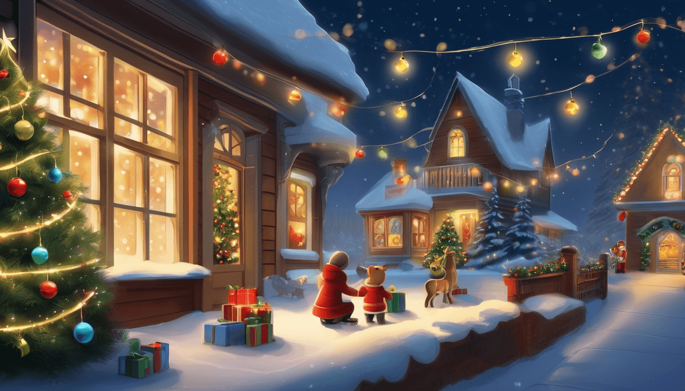 Cozy winter scene with decorated houses, a snow-covered path, a Christmas tree, and a family exchanging gifts under twinkling lights.