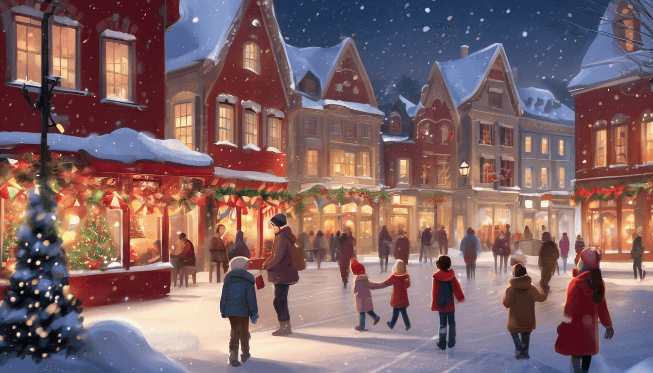 Boy in red scarf handing out cookies and cards in a snowy, decorated town square.