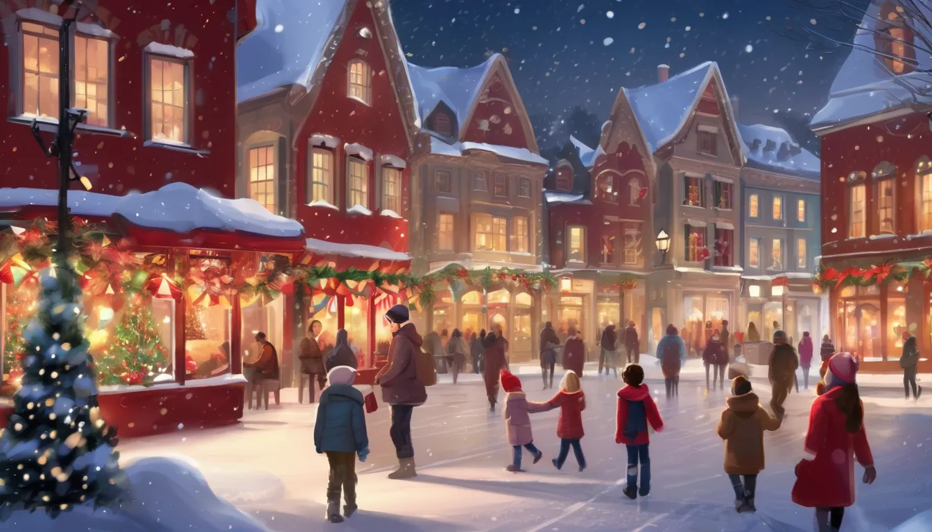 Boy in red scarf handing out cookies and cards in a snowy, decorated town square.