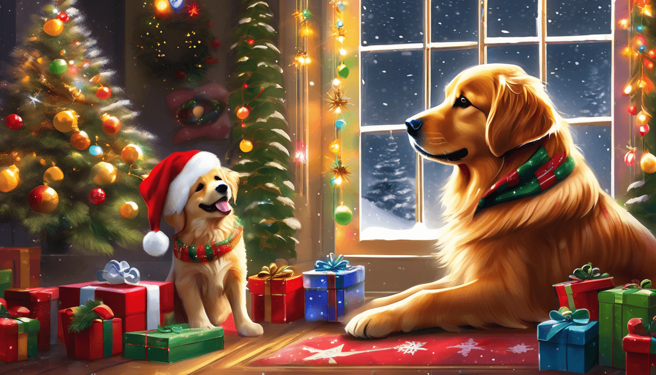 Golden retrievers sit by a decorated Christmas tree, surrounded by colorful gifts, with one puppy wearing a Santa hat.